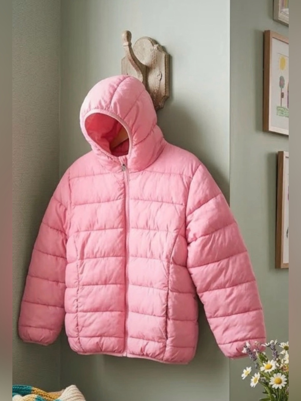 Girls' Hooded Bubble Puffer Jacket in Pink size L kids